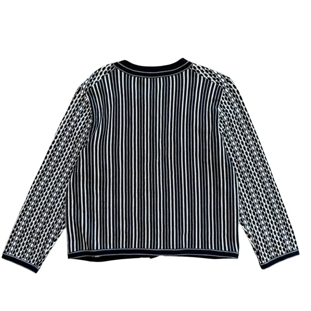 Tory Burch Black White Mixed‎ Pattern Knit Cardigan Sweater XL Cotton Blend Logo